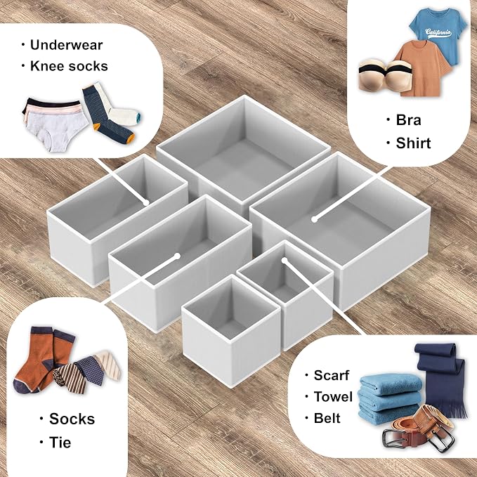 Simple Houseware Foldable Drawer Organizer Stocking Bin, Set of 12, Gray | Fabric Storage Bins for Clothes, Underwear, Bra, Panty, Socks, Onesies – Closet & Dresser Dividers for Home