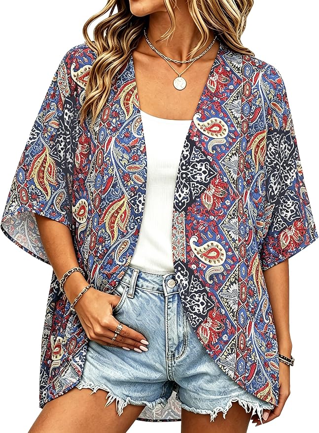 Women Kimono Cardigans Summer Cover Up Hawaiian Shirts Floral Print Tops | ROSEMIA chiffon kimono open front cardigans, beach cover ups, daily casual tops, cruise outfits, summer resort wear