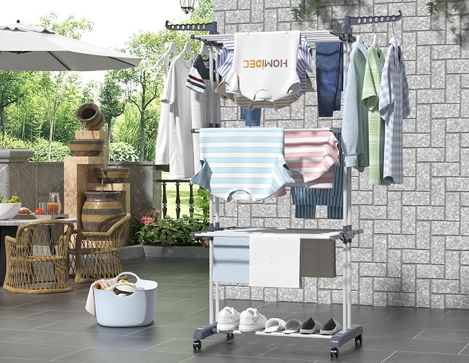 HOMIDEC Clothes Drying Rack, 4-Tier(67.7" H) Foldable Drying Rack Clothing | Foldable Stainless Steel Drying Rack, Movable Laundry Drying Rack with 4 Castors and 14 Hooks for Bed Linen, Clothing, Grey