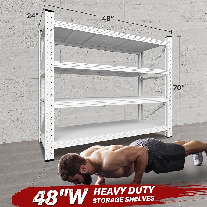 48" Wide Heavy Duty Garage Shelving Units,3000LBS 24 Deep Storage Shelves,White Metal Garage Shelves,Large Storage Rack,Steel Shelf,Industrial Shelving for Shop,Warehouse,48" W x 24" D x 70" H