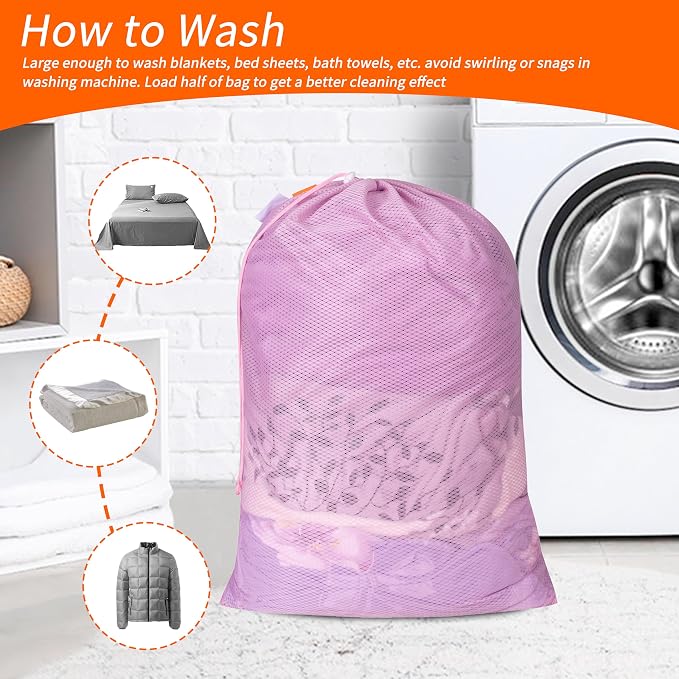 2 Pack Heavy Duty Diamond Mesh Laundry Bag, 24x36", Pink | Drawstring & ID Tag, Breathable Mesh, Machine Washable, Commercial Grade, , For College Dorms, Travel, Sports Equipment