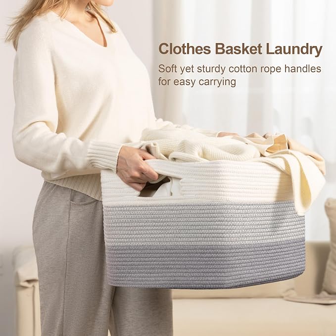 60L Woven Laundry Basket Hamper with Handles, Gradient Grey | collapsible wicker hamper, storage for dirty clothes, toys, blankets, gifts, living room, bedroom, bathroom, 21"x15"x11"
