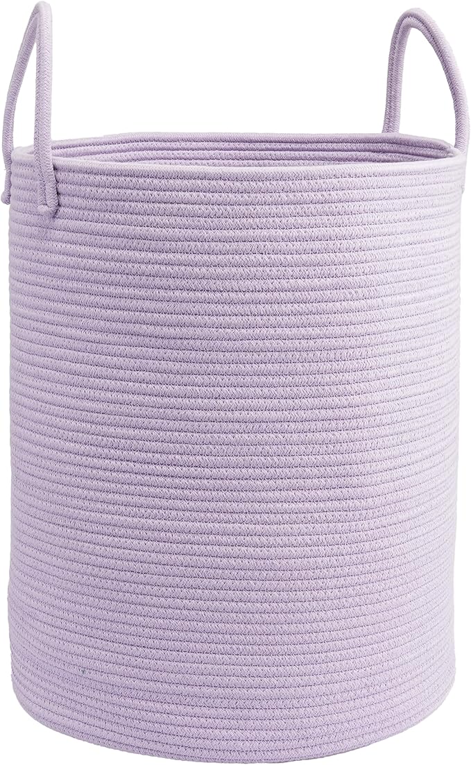 Woven Cotton Rope Laundry Basket, 15" x 20" Laundry Hamper, Purple | Rope storage basket for dirty clothes, toys and blankets. Perfect for bathroom, baby nursery and living room storage.