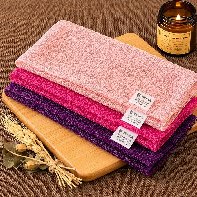 3 PCS Exfoliating Washcloth Towels - Exfoliating Body Scrubber Exfoliator, Back Scrubber for Shower Bath Use, Japanese & Korean Scrub Wash Cloths, Loofah Lufa Sponge Washer for Women Men