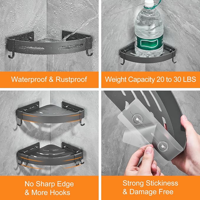 DUFU Adhesive Corner Shower Caddy with Hooks,Bathroom Shower Organizer, No Drilling Rust Proof Aluminum Shower Shelf for Inside Shower 2 Pack (Grey)