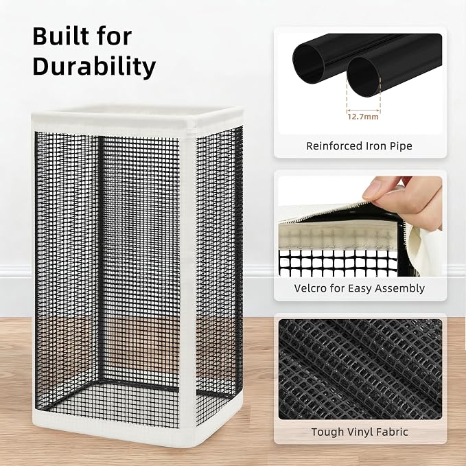 STORAGE MANIAC Mesh Laundry Hamper, 23.7 Gal. Tall Laundry Basket for Airflow, Strong Metal Dirty Clothes Hamper for College Dorm, Bedroom, Bathroom, Clothes Bin, White & Black
