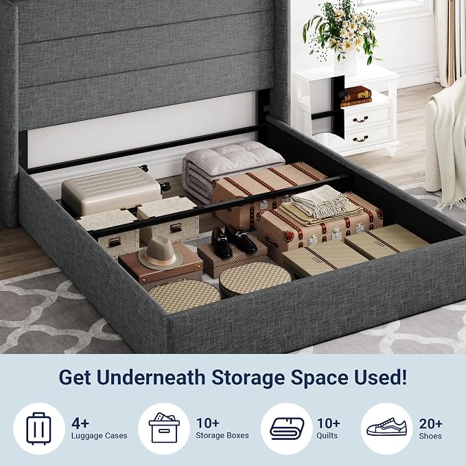 Allewie Full Size Lift Up Hydraulic Storage Bed Frame Dark Grey | Modern Wingback Headboard, Hydraulic Support Storage, No Box Spring Needed