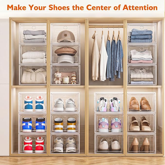 7 code Shoe Organizer, Clear Thickened Stackable Shoe Boxes with Magnetic Door, Collapsible Closet Storage Rack for Sneakers & Boots, 6 Pack White, Virgin Material, Not Recycled Plastic for Household | Thick Plastic Shoe Storage for Sneakers & Boots, C...