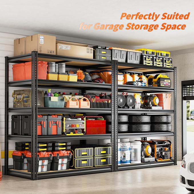 ROOMFAVE 2300LBS Storage Shelves Heavy Duty 5 Tier Garage Storage Shelving, Adjustable Metal Shelving Unit Utility Rack Shelf for Warehouse, Pantry, Closet, 72" H x 40" W x 20" D, Black,2PCS