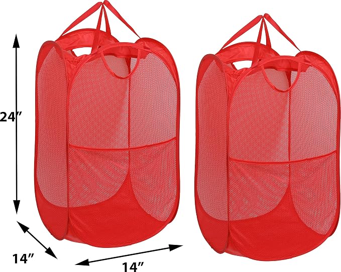 Simple Houseware Mesh Pop-Up Laundry Hamper with Side Pocket, 2 Pack, Red