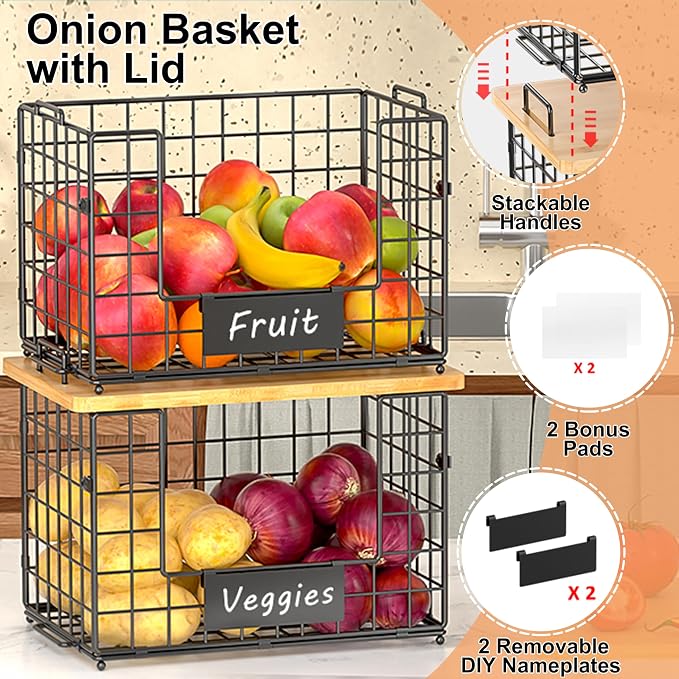 keomaisyto 2 Set XL Stackable Wire Baskets with Bamboo Top- Pantry Organizers and Storage, Kitchen Organization Counter Storage Bins for Potato/Onion/Fruit/Vegetable/Produce, Under Sink Organizing