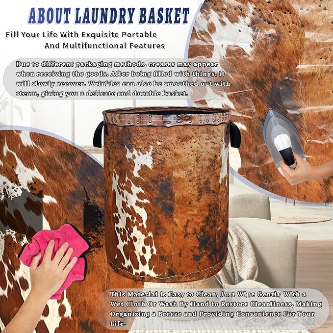 Brown Cow Skin Laundry Basket Foldable Hamper 18.9"x16.5" | Vintage Laundry Hamper With Handle Oxford Cloth Portable Clothes Storage Laundry Bag For Laundry Room/Bedroom/Bathrooms