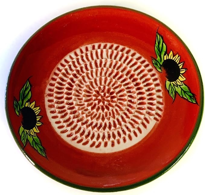 BonCera, All-in-one Premium Ceramic Garlic Grater Plate 4-Piece Set - Red Sunflower Design, Classic Style - For Garlic, Ginger, Chocolate, and more! - Comes with 5.25" Plate, Peeler, Brush, and Stand