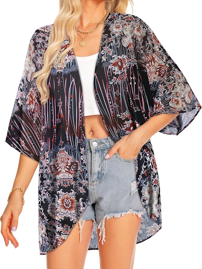 Women Kimono Cardigans Summer Cover Up Hawaiian Shirts Floral Print Tops | ROSEMIA chiffon kimono open front cardigans, beach cover ups, daily casual tops, cruise outfits, summer resort wear