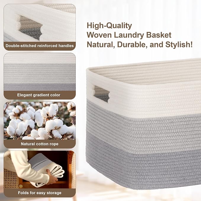 60L Woven Laundry Basket Hamper with Handles, Gradient Grey | collapsible wicker hamper, storage for dirty clothes, toys, blankets, gifts, living room, bedroom, bathroom, 21"x15"x11"
