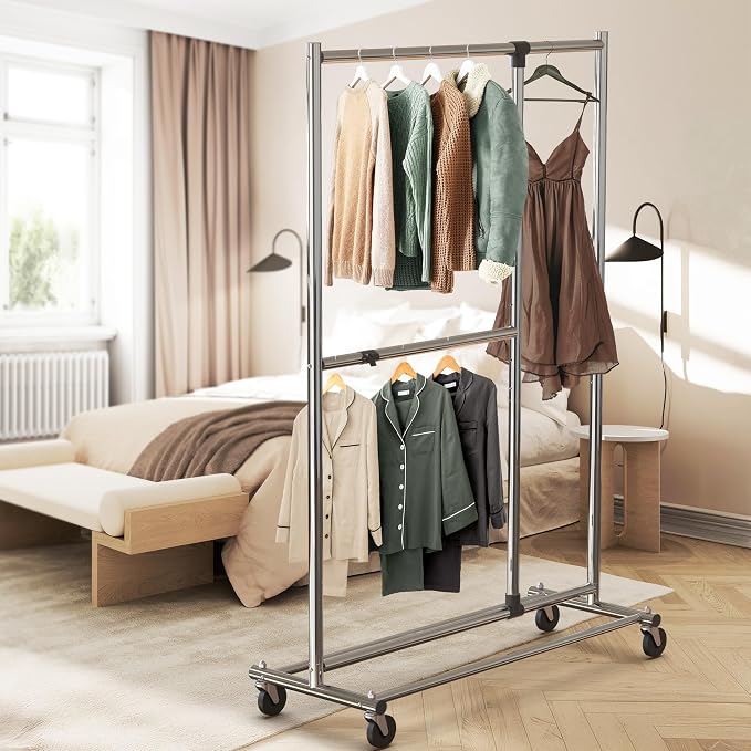 Simple Houseware Dual Bar Adjustable Clothing Garment Rack, 72" H, Chrome | Extendable Middle Bar from 23" to 42.75 Inches Width