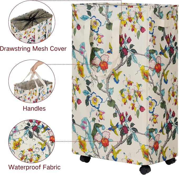 efluky Slim Laundry Hamper with Wheels, Rolling Laundry Basket for Clothes, Small Laundry Basket for Bedroom, Dorm and Laundry Room, 60L (12.7 Gallons) Floral