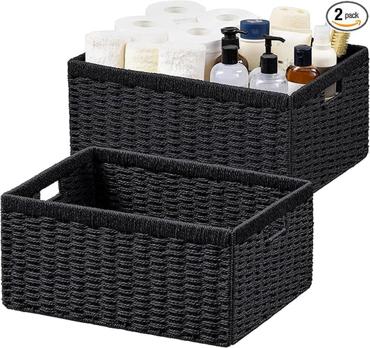 UBBCARE 2 Pack Wicker Basket, 16.5L×13H×7.5W inch Woven Paper Rope Storage Baskets for shelves, Foldable Rectangular Storage Baskets with Handle, Storage Basket for Organizing, Black