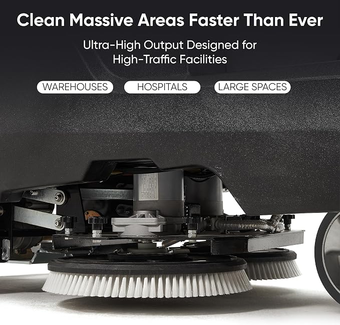 Battery Powered Ride-On Commercial Floor Scrubber Machine, 38" Brush, 48" Squeegee Width, 46 gal Solution Tank, 48 gal Recovery Tank, 5 hr Use 8 hr Charge, 180 RPM, 84,000 Sqft/H, Batteries Included