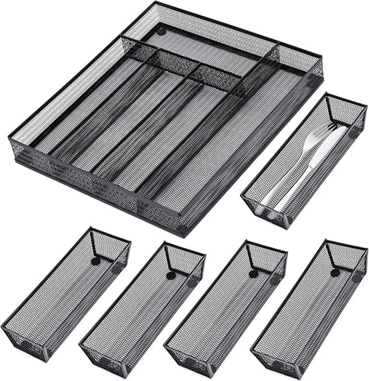 Neudeco Drawer Organizer Set 6 Pack - 5-Compartment Silverware Organizer Tray + 5 Utensil Trays, Kitchen Drawer Organizer for Flatware, Cutlery, Office Supplies, Black Mesh, Non-Slip.