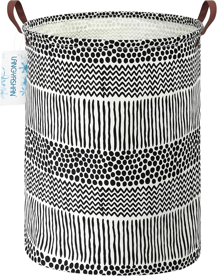 Round Laundry Basket Collapsible Storage Hamper Organizer Black Line | Waterproof Canvas Foldable Baskets with sturdy Handles Multi-scene Organizer for Home Play Bedroom Gift Bin