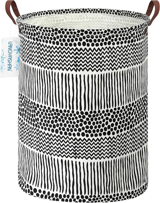 Round Laundry Basket Collapsible Storage Hamper Organizer Black Line | Waterproof Canvas Foldable Baskets with sturdy Handles Multi-scene Organizer for Home Play Bedroom Gift Bin