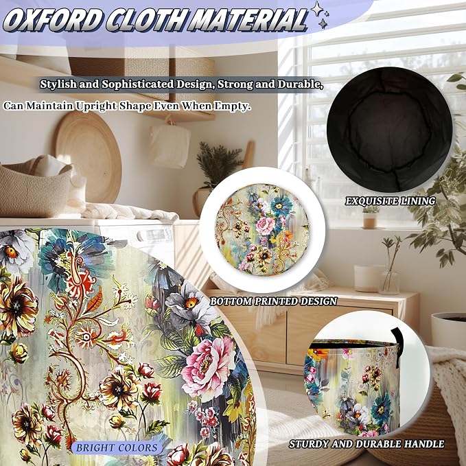 Beautiful Floral Laundry Basket Oxford Cloth Hamper 18.9"x16.5" | Colorful Flower Laundry Hamper With Handle Foldable Clothes Storage Funny Laundry Bag For Laundry Room/Bedroom/Bathrooms