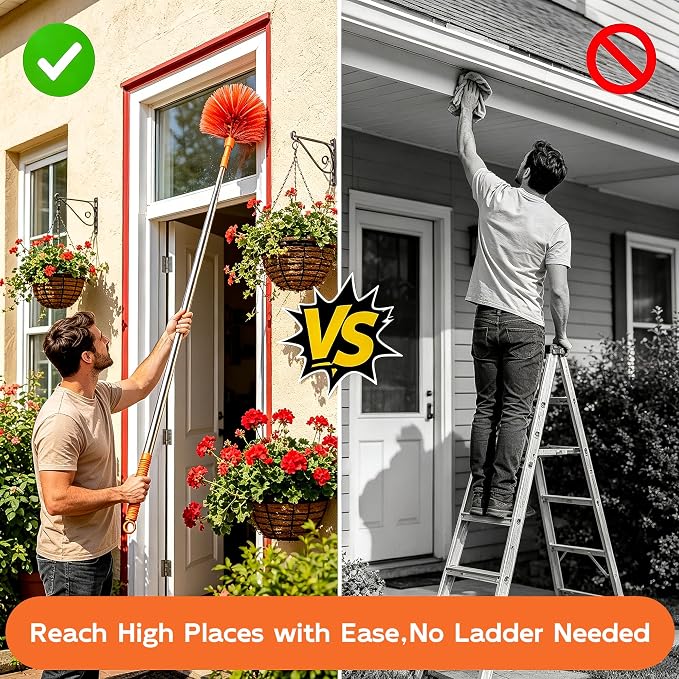 Cobweb Duster with Extension Pole, 90" Spider Web Brush, Orange | Cobweb duster with extension pole & stainless steel telescopic handle. For ceilings, fans & corners. Collapses to 15.7".