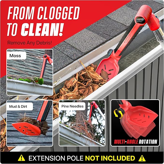 Multi-Angle Gutter Cleaning Tools from the Ground - Gutter Cleaner tool attachment for Threaded Poles - Gutter Scoop & Brush for rain gutter cleaning and leaf removal from Gutter Guard