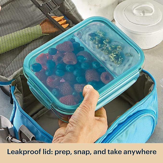 Pyrex Glass Meal Box (5-Pack, 2.3 Cup) Divided Compartments with Locking Lids, For Meal Prepping and Portioning, BPA Free Microwave Dishwasher Safe