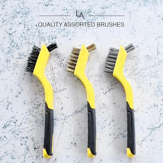 Wire Brush Set 3Pcs - Nylon/Brass/Stainless Steel Bristles with Curved Handle Grip for Rust, Dirt & Paint Scrubbing with Deep Cleaning – 7 Inches (Yellow)