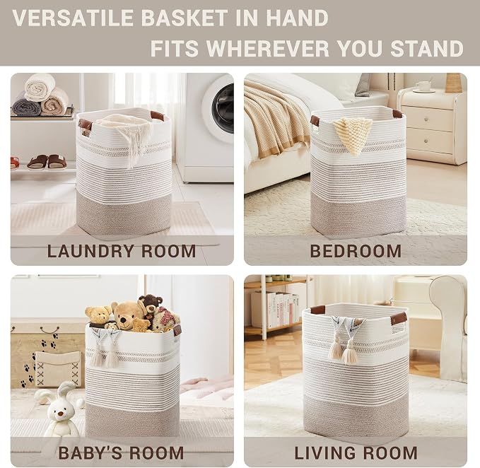 75L Tall Woven Laundry Basket Hamper with Leather Handles,Brown | collapsible wicker hamper, storage for dirty clothes, toys, blankets, gifts, living room, bedroom, bathroom, 16"x13"x22"