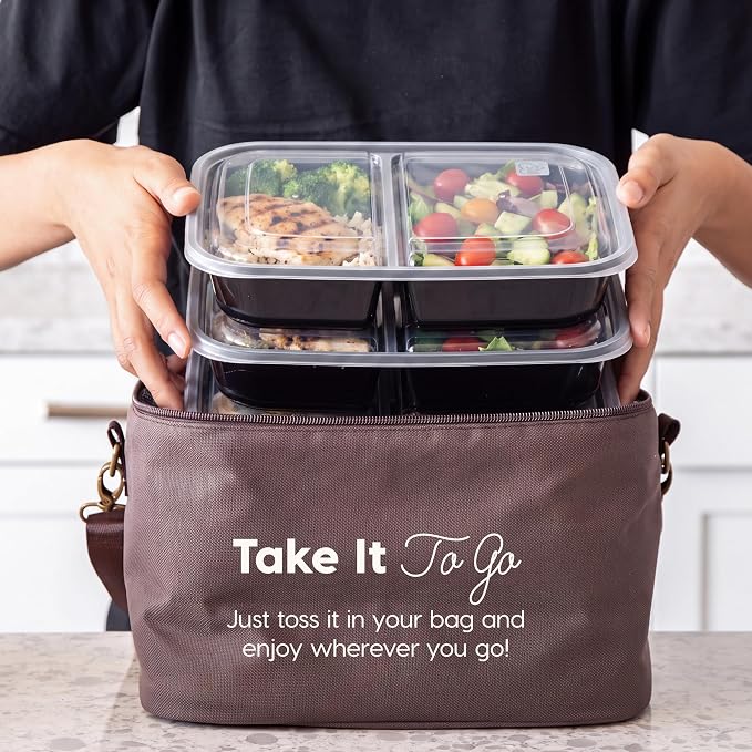 IRIS USA Meal Prep Containers, 36oz - 50 Pack (100-Piece) 2-Compartment Reusable Food Storage Containers with Lids, Plastic Kitchen Food Prep To Go Lunch Box, Microwave Freezer Dishwasher Safe, Black