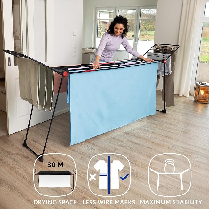 Vileda Infinity Flex Ultimate Black Edition Folding Clothes Airer | Telescopic frame 117-205 cm, XXL drying bars, aluminium and steel, pre-assembled, TÜV tested, comfort pack