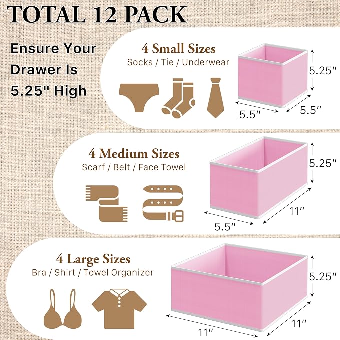 Simple Houseware Foldable Drawer Organizer Stocking Bin, Set of 12, Pink | Fabric Storage Bins for Clothes, Underwear, Bra, Panty, Socks, Onesies – Closet & Dresser Dividers for Home