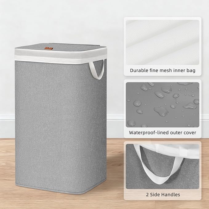 STORAGE MANIAC Metal Frame Laundry Hamper with Lid, 23.7 Gal Tall Laundry Baskets with Removeable Bag, Large Clothes Hamper with PU Tag, Laundry Bin for Dorm, Collage, Bathroom, Bedroom, Gray
