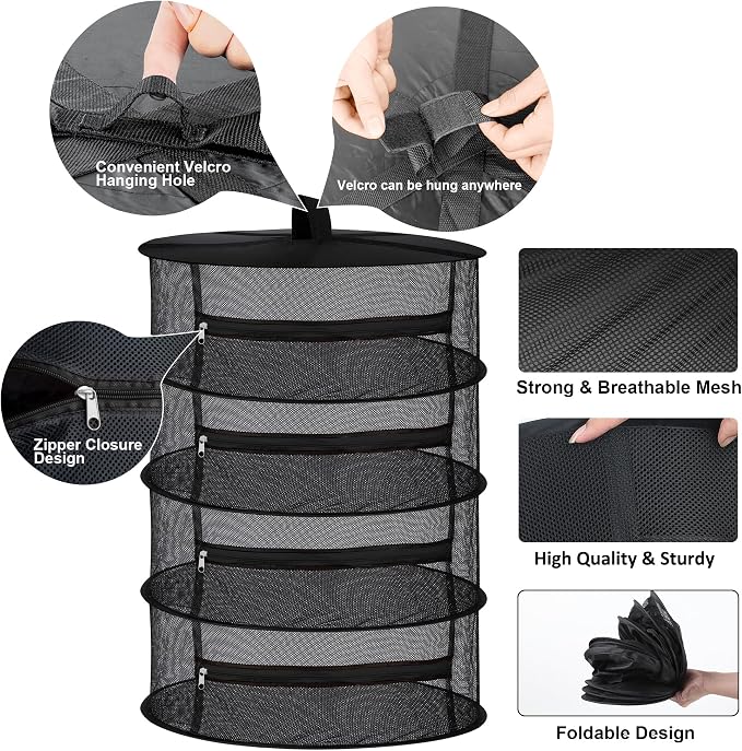 Desy & Feeci 4-Layer Herb Drying Rack - Collapsible Mesh Hanging Dryer Net for Herbs, Flowers, Tea, Fruits, and Vegetables - Includes S-Hook & Storage Bag (24" x 31")