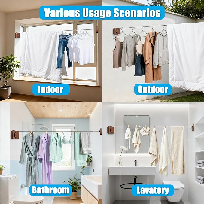 Retractable Clothesline Indoor Outdoor 17.4Ft Non-Sag (1, Dark Wood Grain) | Stainless Steel Heavy Duty Design Laundry Wash Line with Wall Mounted, Space-Saving Drying Rack for Bathroom, Balcony