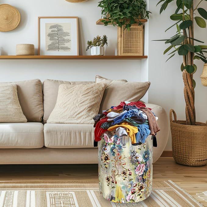 Beautiful Floral Laundry Basket Oxford Cloth Hamper 18.9"x16.5" | Colorful Flower Laundry Hamper With Handle Foldable Clothes Storage Funny Laundry Bag For Laundry Room/Bedroom/Bathrooms
