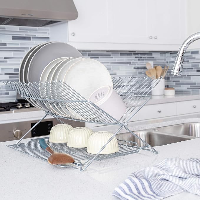 Better Houseware Folding Dish Drying Rack, Space-Saving Countertop Dish Drainer, Coated Steel, Holds 23 Plates, Collapsible Kitchen Drying Rack, Metallic Silver