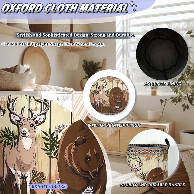 Funny Laundry Basket Oxford Cloth Forest Animal Bear and Deer Laundry Hamper With Handle Foldable Portable Clothes Storage Basket Colorful Laundry Bag 18.9"x16.5" For Laundry Room/Bedroom/Bathrooms
