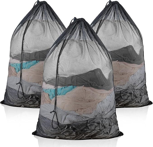 3 Pack Large Mesh Laundry Bag, 24 x 36 Inch Mesh Wash Bag with Drawstring Closure, Delicates Bag for Washing Machine - Perfect for College Dorms, Travel, Laundromats, Apartments (Black)