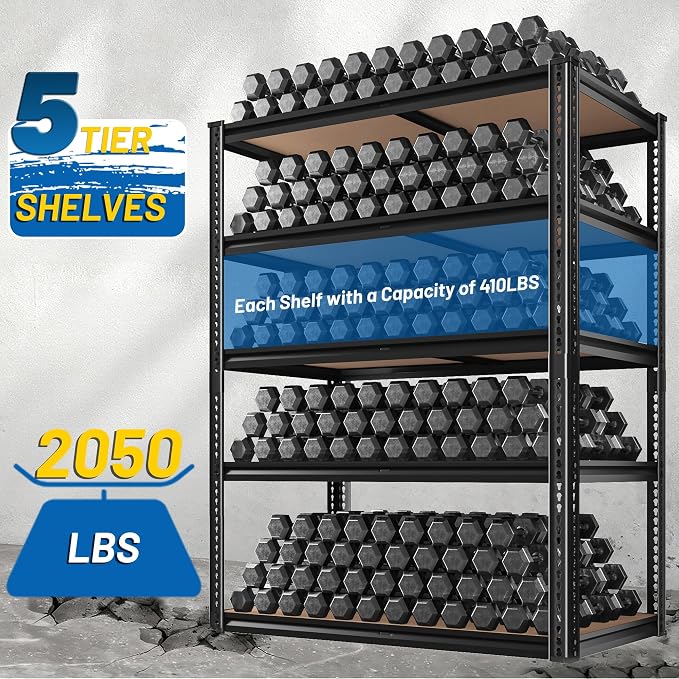 ROOMFAVE 72" H Storage Shelves 5 Tier Garage Shelving Heavy Duty,2050LBS Adjustable Metal Shelving Unit, Garage Shelves for Basement, Warehouse, Pantry, Closet, 72" H x 35.5" W x 16" D, Black,3PCS