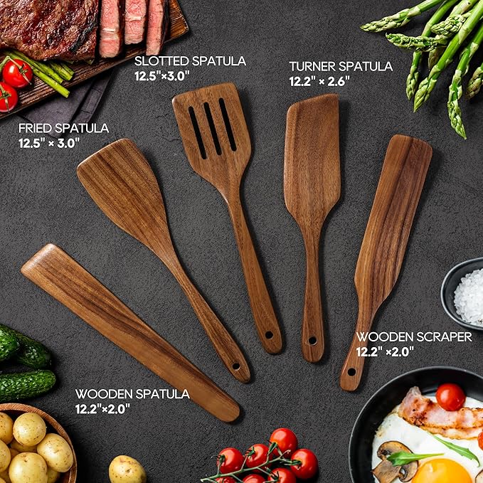 KLYRO 5 PCS Wooden Spatula Set, Natural Teak Wooden Spoons for Cooking, Nonstick Cookware Safe Kitchen Utensils Set, Durable & Elegant Cooking Utensils Gift Set