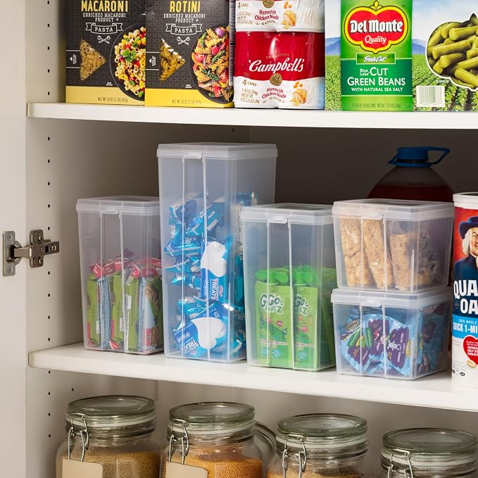IRIS USA Vertical Storage Bins with Lids |Made in USA| Flip Top Containers for Organizing Pantry, Office, Craft, and Study Supplies - Medium (6-Pack)