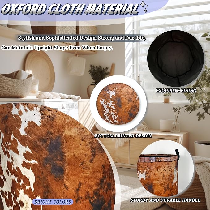 Brown Cow Skin Laundry Basket Foldable Hamper 18.9"x16.5" | Vintage Laundry Hamper With Handle Oxford Cloth Portable Clothes Storage Laundry Bag For Laundry Room/Bedroom/Bathrooms