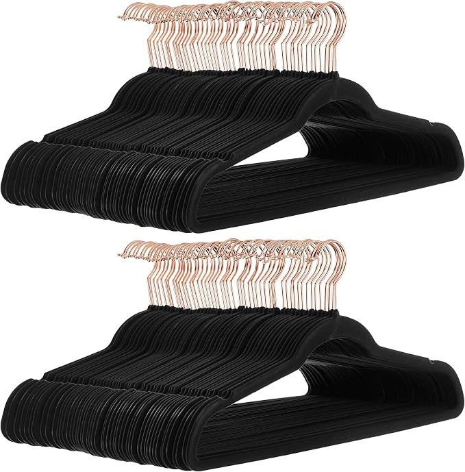 Amazon Basics Slim Velvet Non-Slip Space Saving Suit Clothes Hangers, Closet Organizer, Black/Rose Gold, 100-Pack