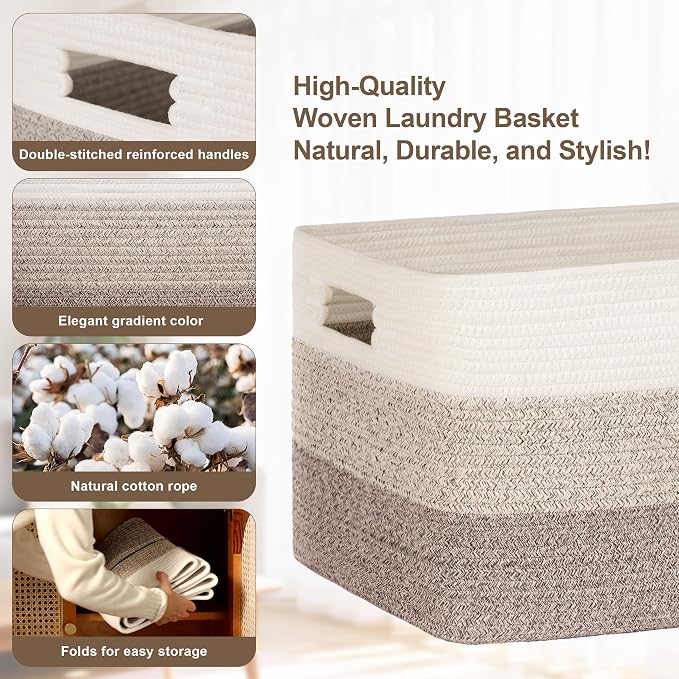 72L Large Woven Laundry Basket Hamper with Handles, Gradient Brown | collapsible wicker hamper, storage for dirty clothes, toys, blankets, gifts, living room, bedroom, bathroom, 22"x17"x12"