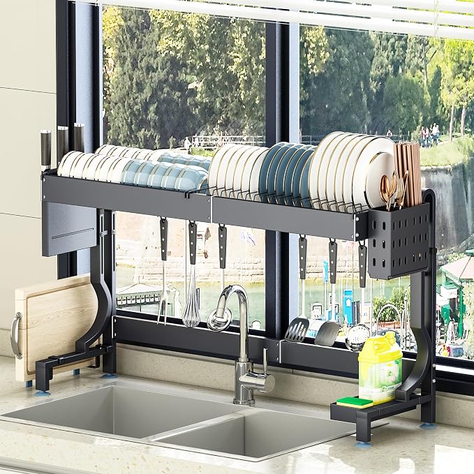 Over the Sink Dish Drying Rack, Height & Width Adjustable Stainless Steel | Large-Capacity Expandable Dish Rack with Utensil & Knife Holders,Hooks for Space-Saving Kitchen Storage | Fits Most Sinks