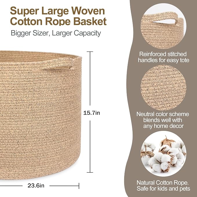 MEGASKET 115L Extra Large Storage Basket, 23.6"x15.7" Woven Cotton Rope Basket, Giant Kids Dog Toy Bin, XXXL Boho Blanket Pillow Holder for Living Room, Brown Variegated Woven Baskets for Organizing